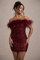 Burgundy Bodycon Sequin Mini Dress With Feather Trim